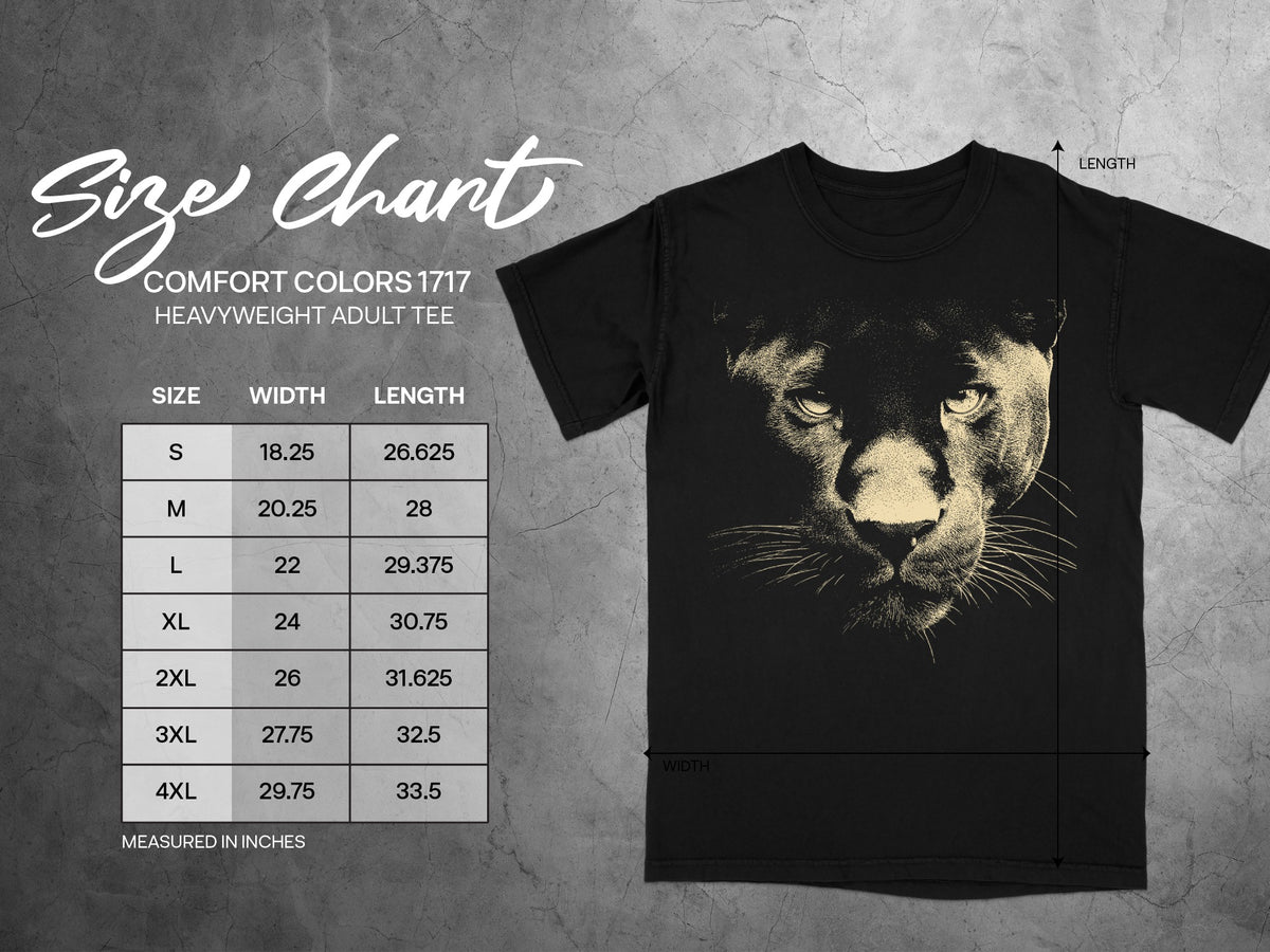 Comfort Colors 1717 adult tee size chart with width and length measurements.