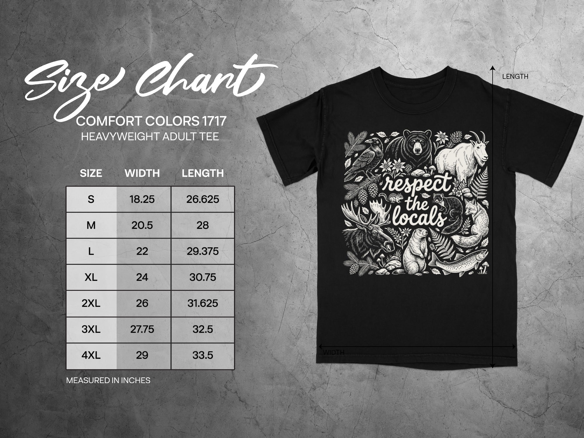 Size chart for Comfort Colors 1717 heavyweight adult tee with woodland animal graphics.