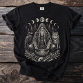 Black t-shirt with shaman, wolf, raven, and moon phases design.