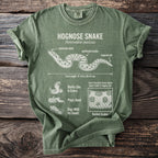 Green t-shirt featuring a detailed illustration of a hognose snake with scientific name and traits.