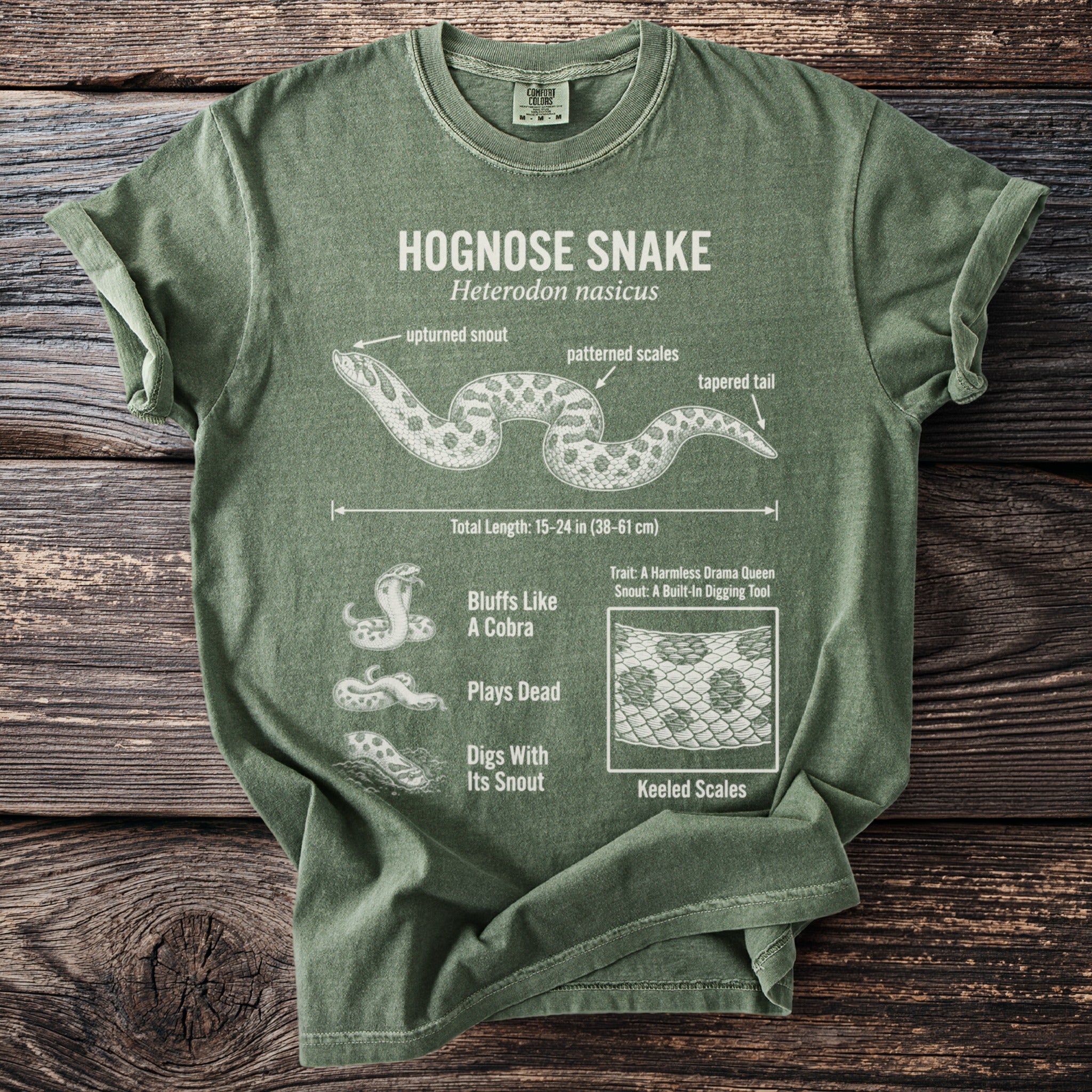 Green t-shirt featuring a detailed illustration of a hognose snake with scientific name and traits.
