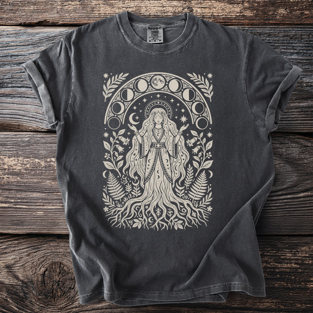 T-shirt with a celestial woman and moon phases graphic.