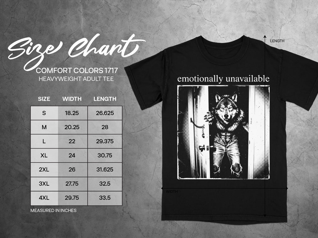 Black t-shirt size chart with wolf graphic and "emotionally unavailable" text.