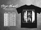 Black t-shirt size chart with wolf graphic and "emotionally unavailable" text.