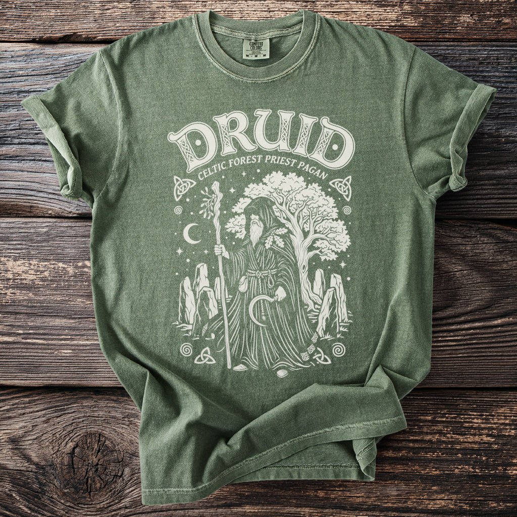 Green t-shirt with "DRUID CELTIC FOREST PRIEST PAGAN" text and graphic.