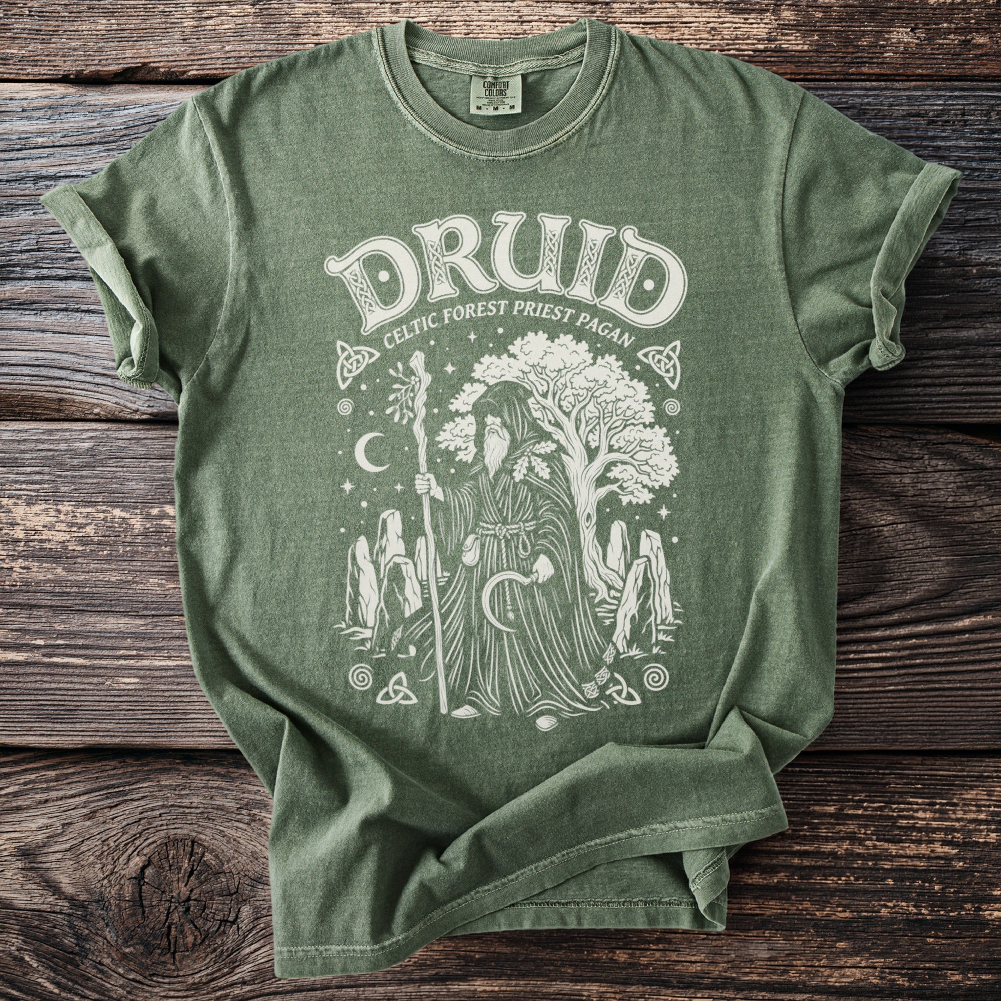 Green t-shirt with "DRUID CELTIC FOREST PRIEST PAGAN" text and graphic.