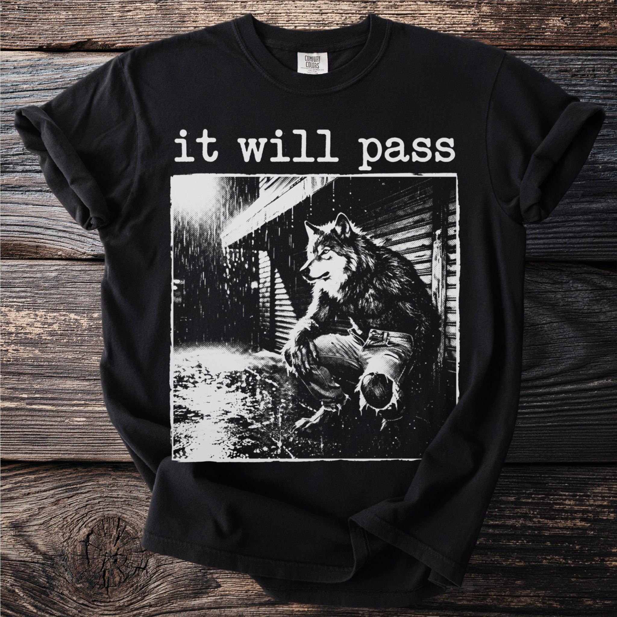 Black t-shirt with white graphic of a wolf-like creature squatting in the rain with text "it will pass".