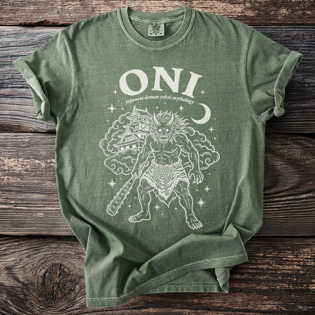 Green t-shirt with "ONI japanese demon yokai mythology" and white line art.