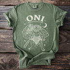 Green t-shirt with "ONI japanese demon yokai mythology" and white line art.