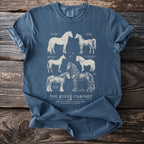Blue t-shirt with illustrations of six horse breeds, including their names.