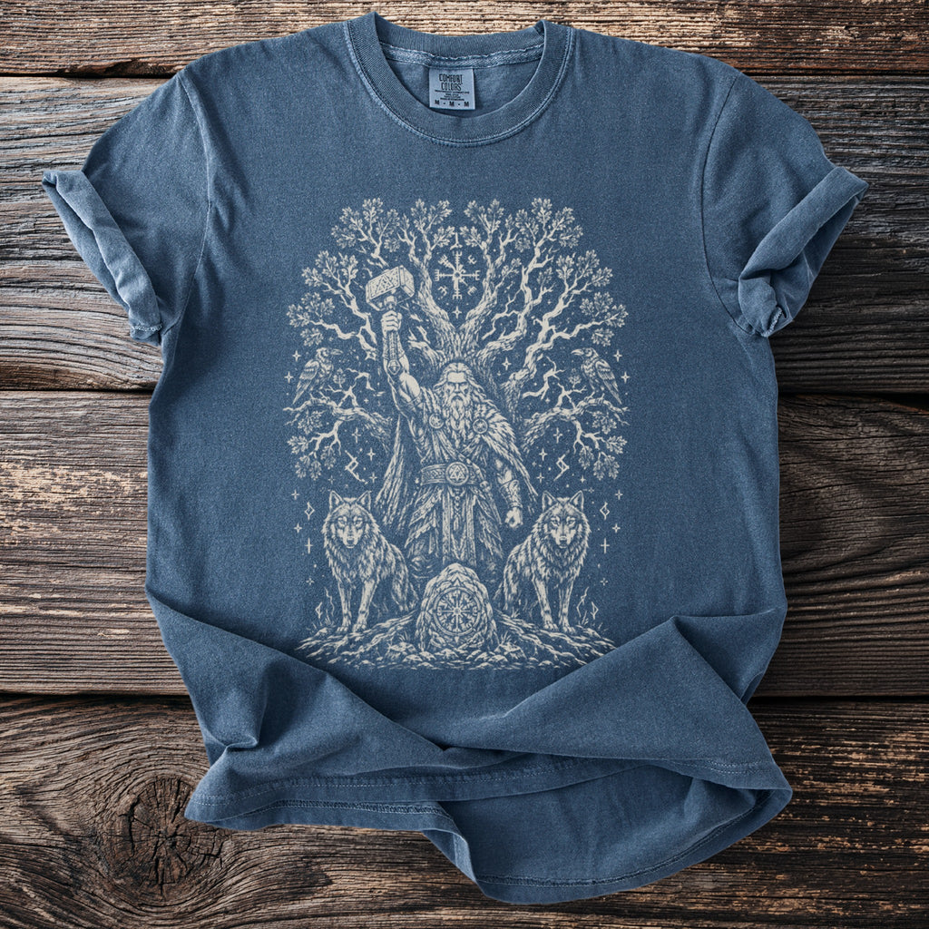 Blue t-shirt with Viking Thor graphic, wolves, and Yggdrasil tree.