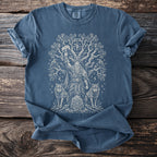 Blue t-shirt with Viking Thor graphic, wolves, and Yggdrasil tree.