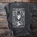 Dark grey t-shirt with "Hollow National Preserve" and forest scene.