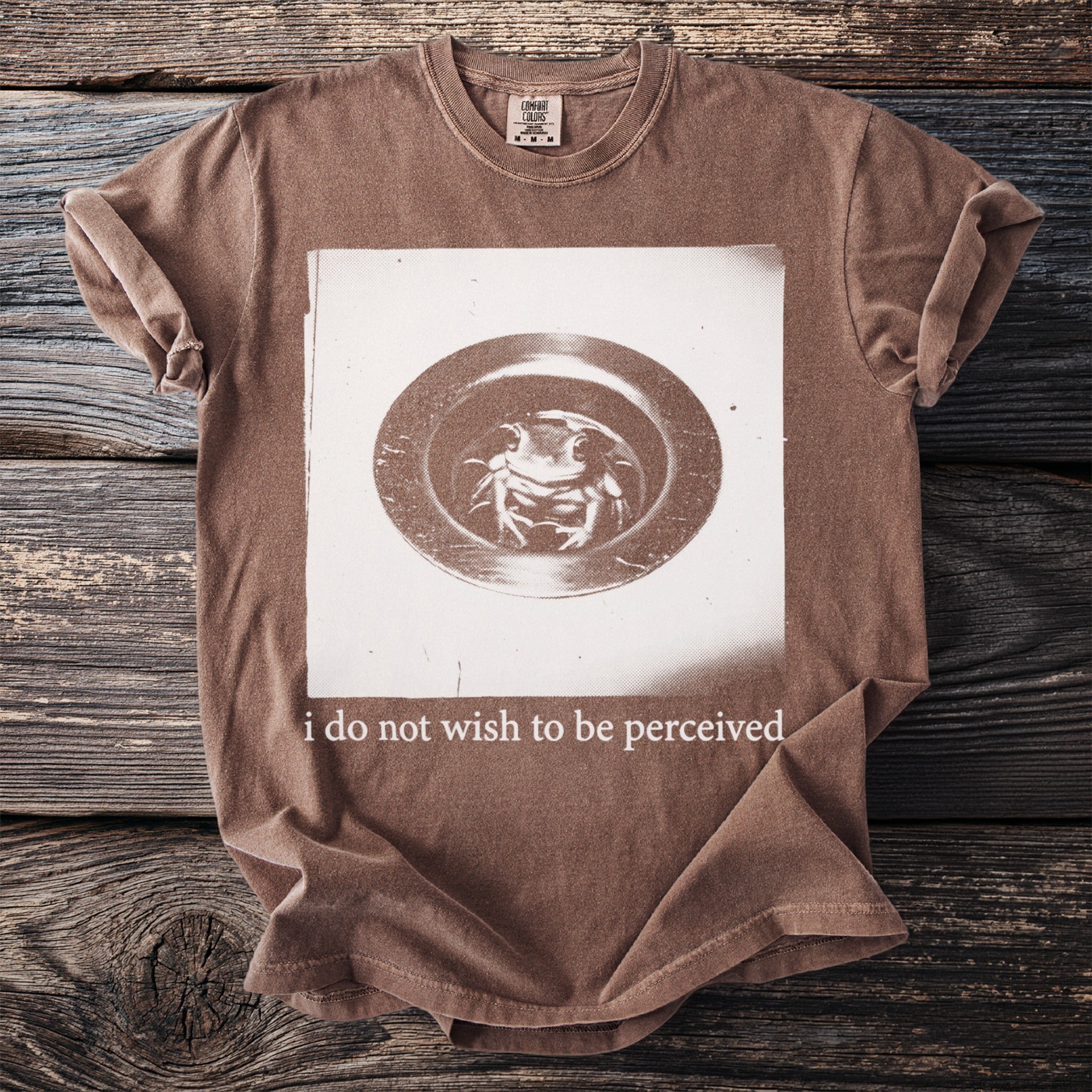 Brown t-shirt with a frog in a drain graphic and the text "i do not wish to be perceived".