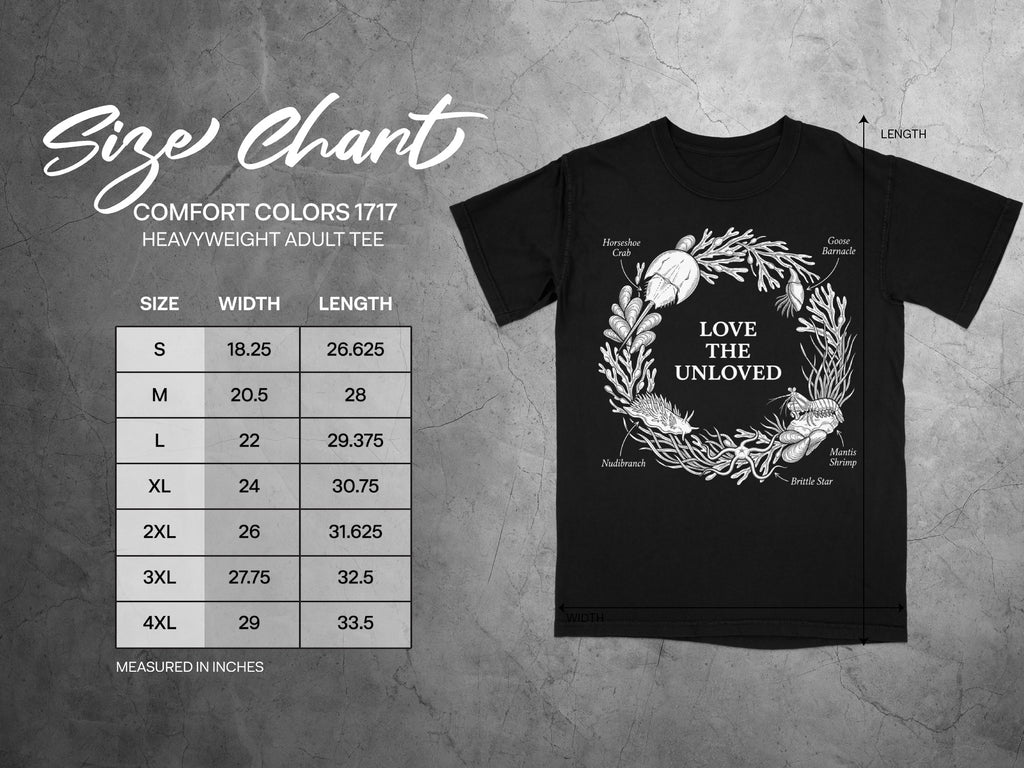 Comfort Colors 1717 garment size chart in inches.