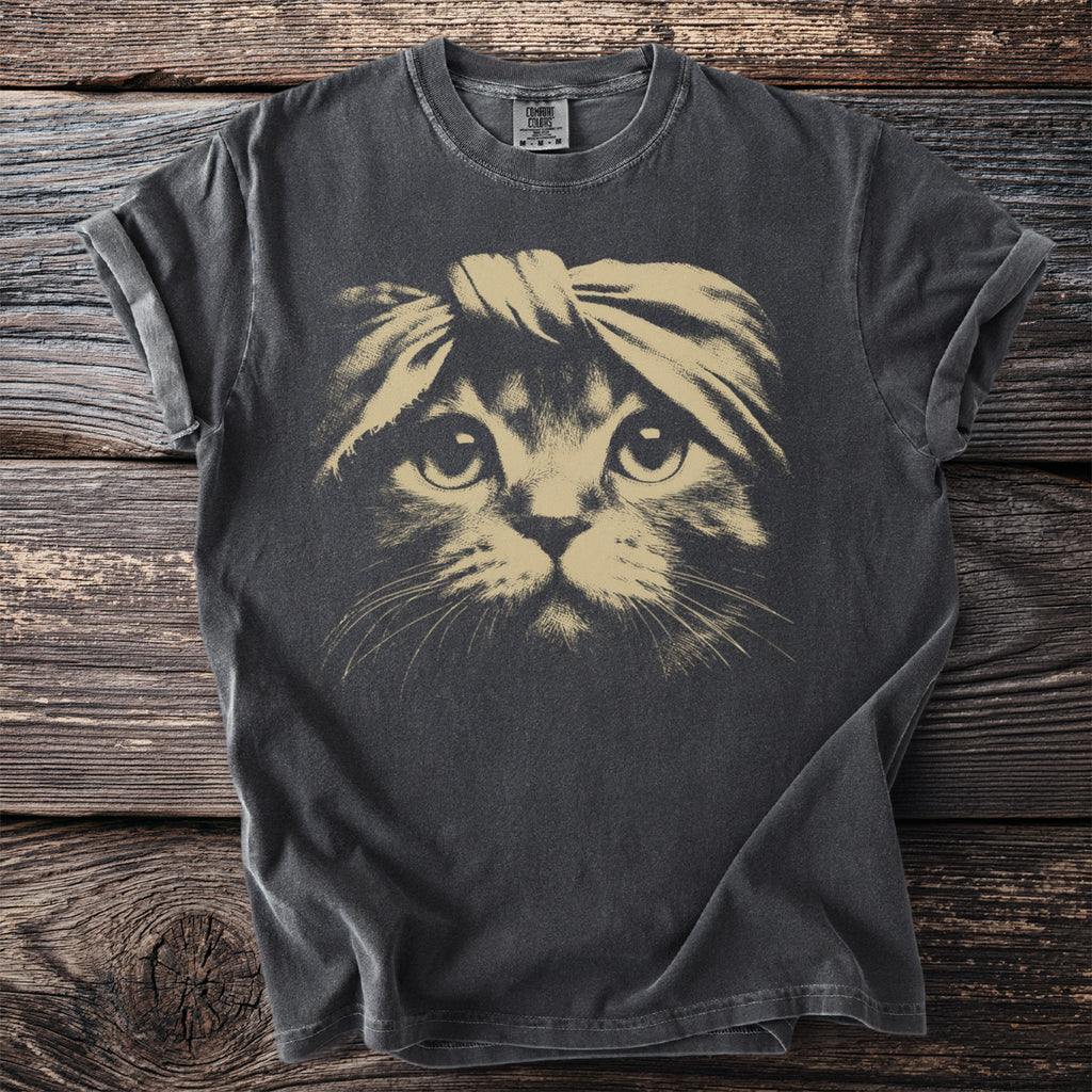 Charcoal t-shirt with a distressed tan graphic of a cat wearing a headband.