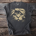 Charcoal t-shirt with a distressed tan graphic of a cat wearing a headband.
