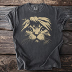 Charcoal t-shirt with a distressed tan graphic of a cat wearing a headband.