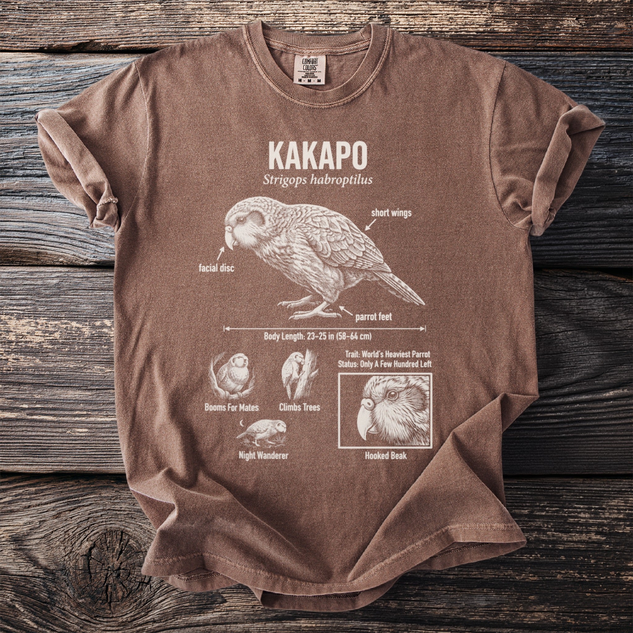 Brown t-shirt with a scientific illustration of a Kakapo parrot and its features.