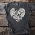 Dark gray t-shirt with a white linocut-style print of two bats within a heart shape.