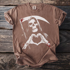 Brown t-shirt with Grim Reaper skeleton making a heart shape with blood splatters.