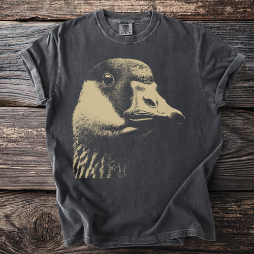 Dark grey t-shirt with a close-up, sepia-toned graphic of a goose's head.