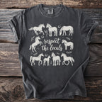Dark t-shirt with white horse illustrations and "respect the locals" text.