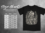 Comfort Colors 1717 heavyweight adult tee size chart with graphic of warrior with lion-like cats.