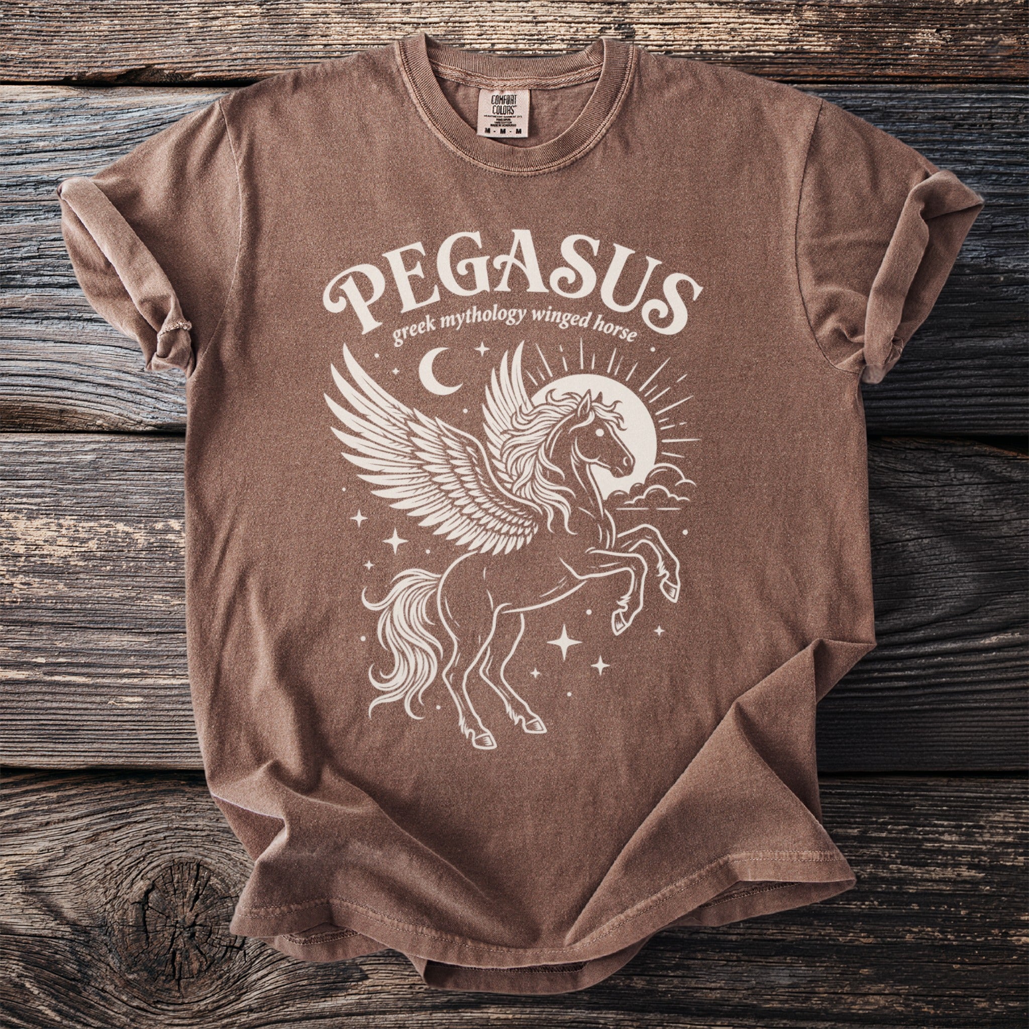 Brown t-shirt with white "PEGASUS greek mythology winged horse" text and Pegasus graphic.