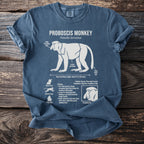 Proboscis monkey diagram on a blue t-shirt with scientific name and details.