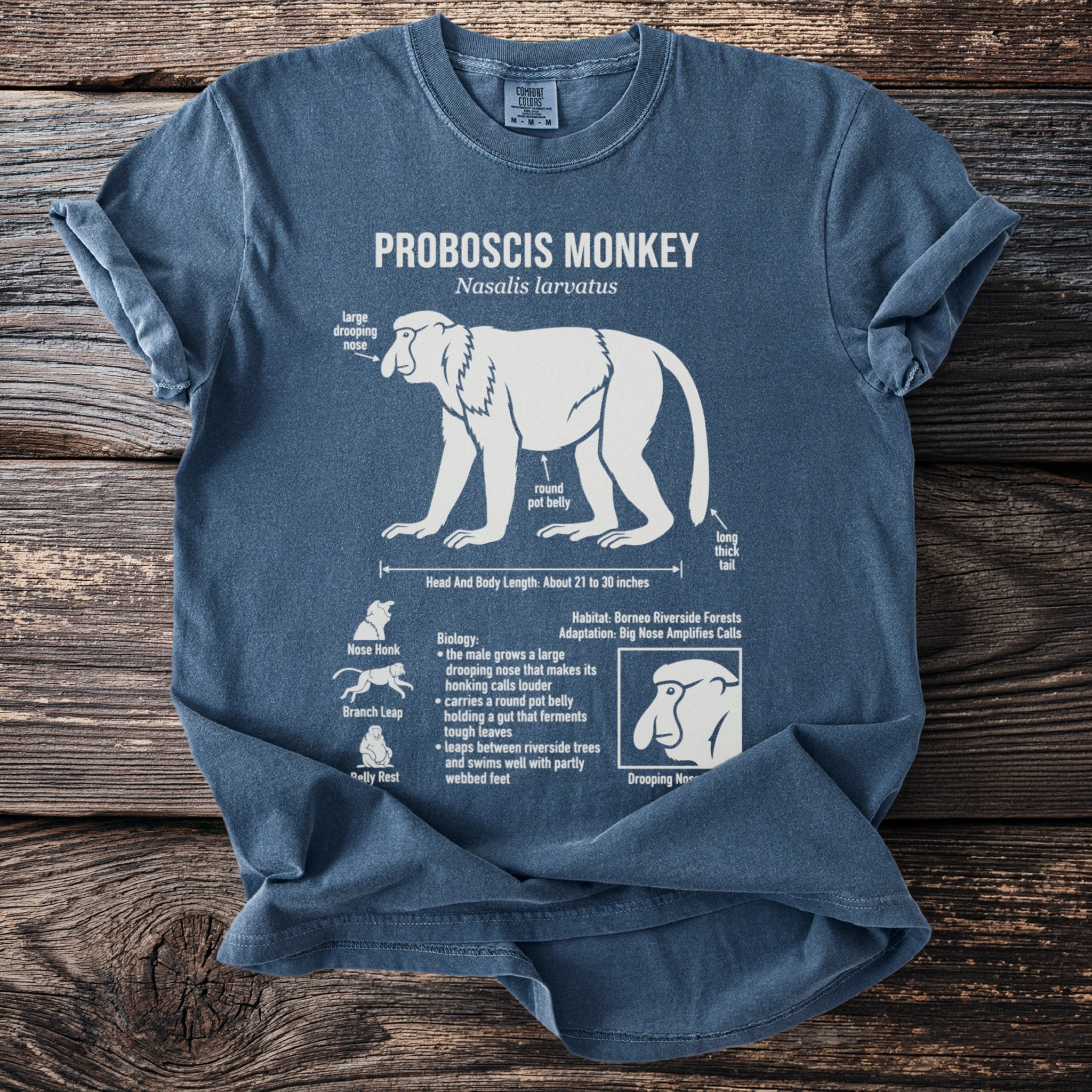 Proboscis monkey diagram on a blue t-shirt with scientific name and details.