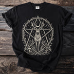 Black t-shirt with a cream pentagram design featuring a deer, moon, branches, and mushrooms.