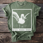 Green t-shirt with a graphic of a seagull holding a cigarette with text "i'll take that".