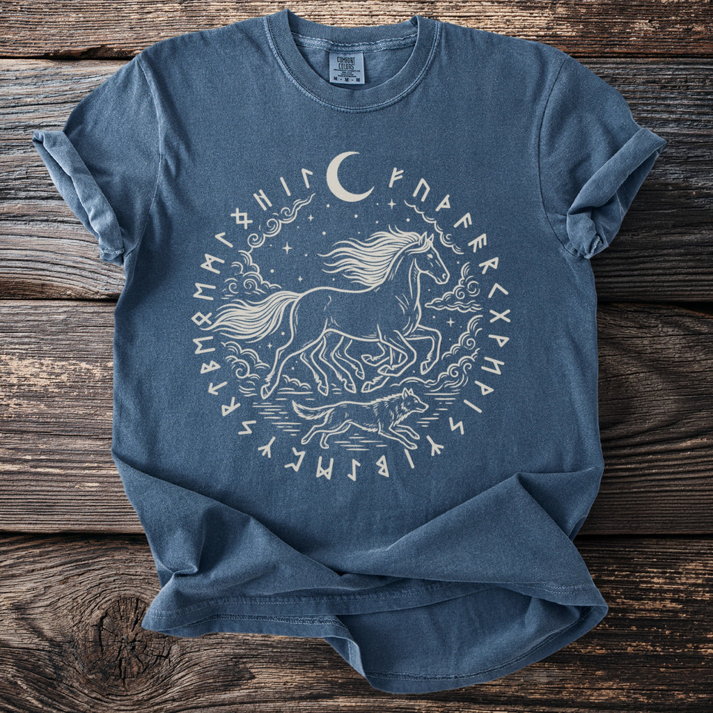Blue t-shirt with white graphic of a horse and wolf surrounded by runes and a moon.