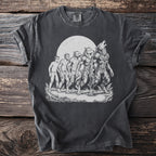 T-shirt graphic depicts stages of werewolf transformation under a full moon.