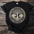 Black t-shirt with circular design of tree, bear, boar, and runes.