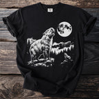 Black t-shirt with white graphic of a capybara howling at the moon.