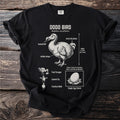 Black t-shirt with Dodo Bird illustration and facts about hooked bill, stubby wings, and habitat.
