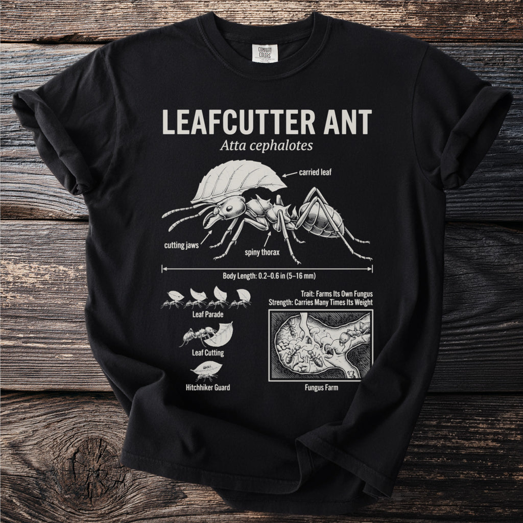 Black t-shirt with scientific illustration of a leafcutter ant and its activities.