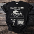 Black t-shirt with scientific illustration of a leafcutter ant and its activities.