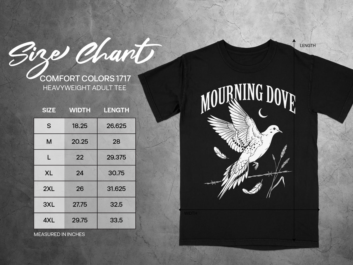 Comfort Colors 1717 size chart for heavyweight adult tees with mourning dove graphic.