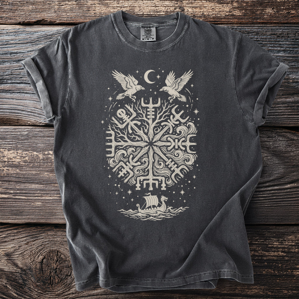 Dark gray t-shirt with cream-colored Viking symbol featuring birds, moon, and ship.