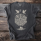 Dark gray t-shirt with cream-colored Viking symbol featuring birds, moon, and ship.