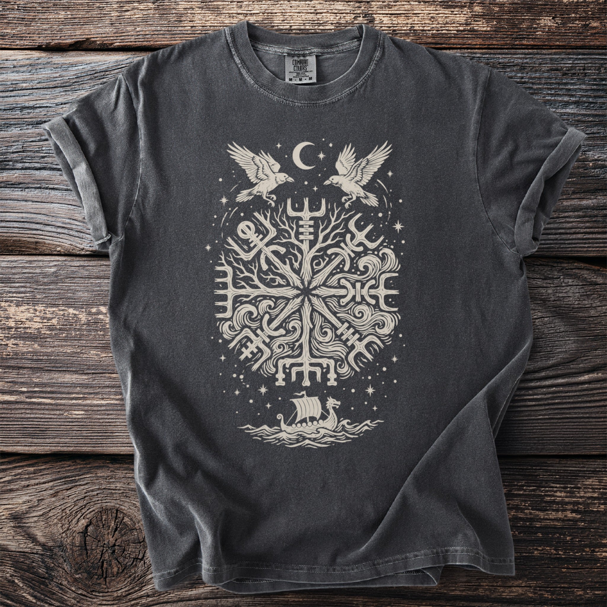 Dark gray t-shirt with cream-colored Viking symbol featuring birds, moon, and ship.