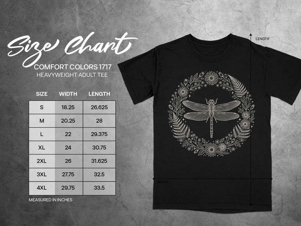 Comfort Colors 1717 size chart for heavyweight adult tee with dragonfly graphic.