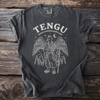 Dark gray t-shirt with white graphic of a Tengu character, mountains, and moon.