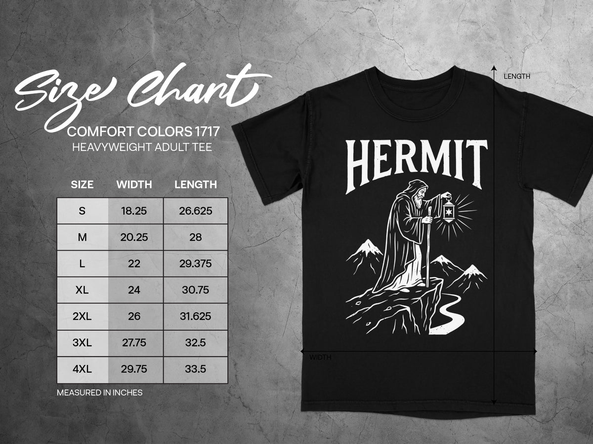 Comfort Colors 1717 heavyweight adult tee size chart with hermit graphic and measurements.