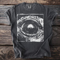 Dark grey Comfort Colors t-shirt with a black and white close-up graphic of a boat in a tunnel.