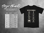 Size chart for Comfort Colors 1717 heavyweight adult tee with witch symbols.