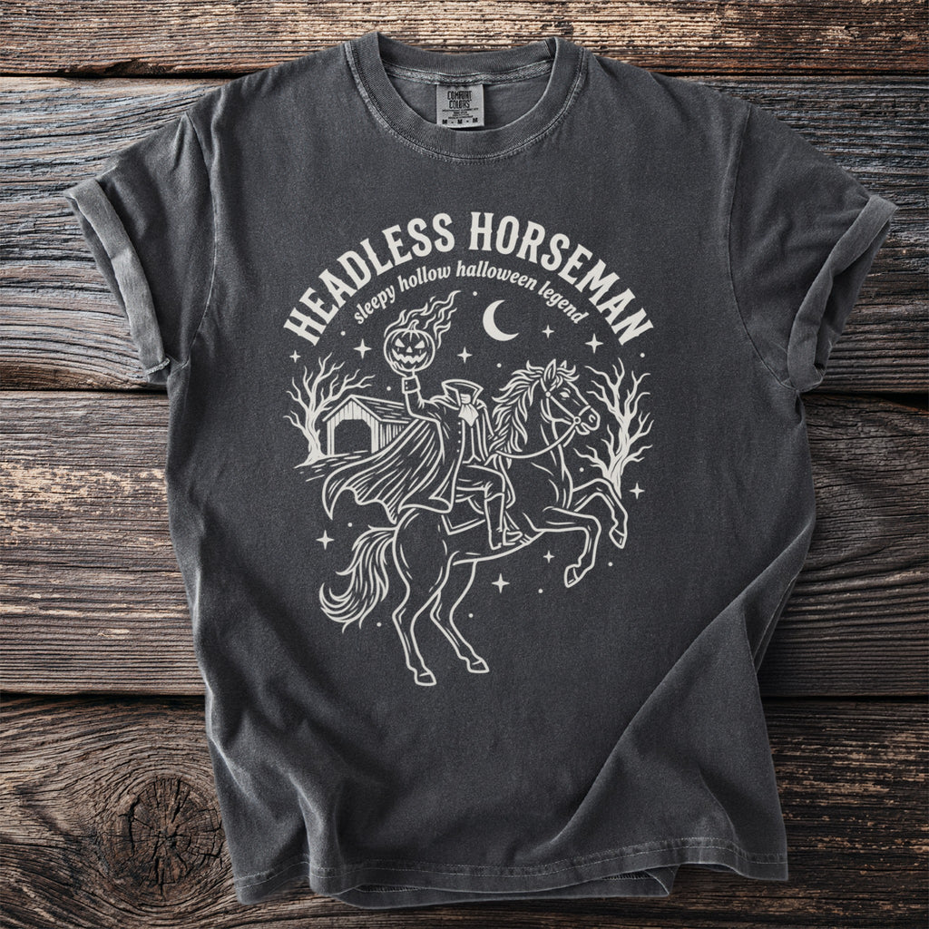 Dark gray t-shirt with a white graphic of the Headless Horseman on a horse.